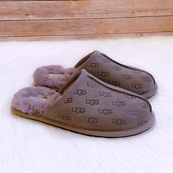 UGG Women’s Pearle Embossed Logo Stormy Grey Suede Slippers - Picture 1 of 8